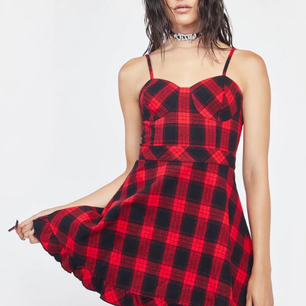 HOROSCOPEZ Pretty Little Mess Plaid Ruffle Hem Mini Dress, Red/Black XS
